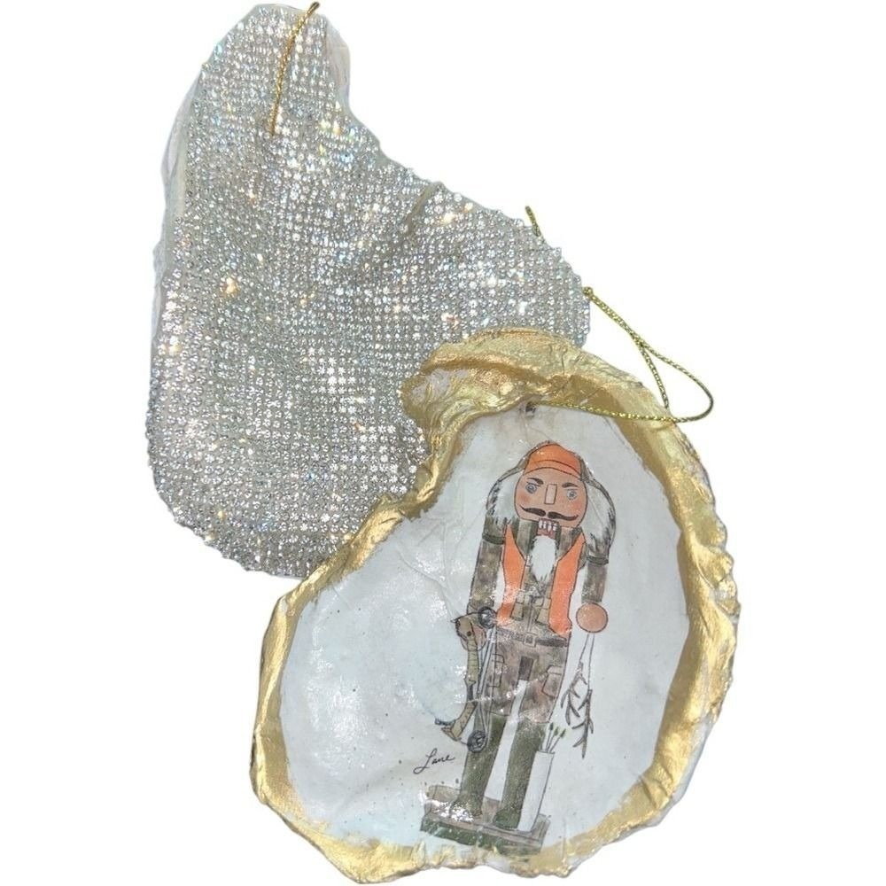 Set of 2 Handmade Oyster Shell Ornaments Rhinestone Nutcracker Print Matched Set